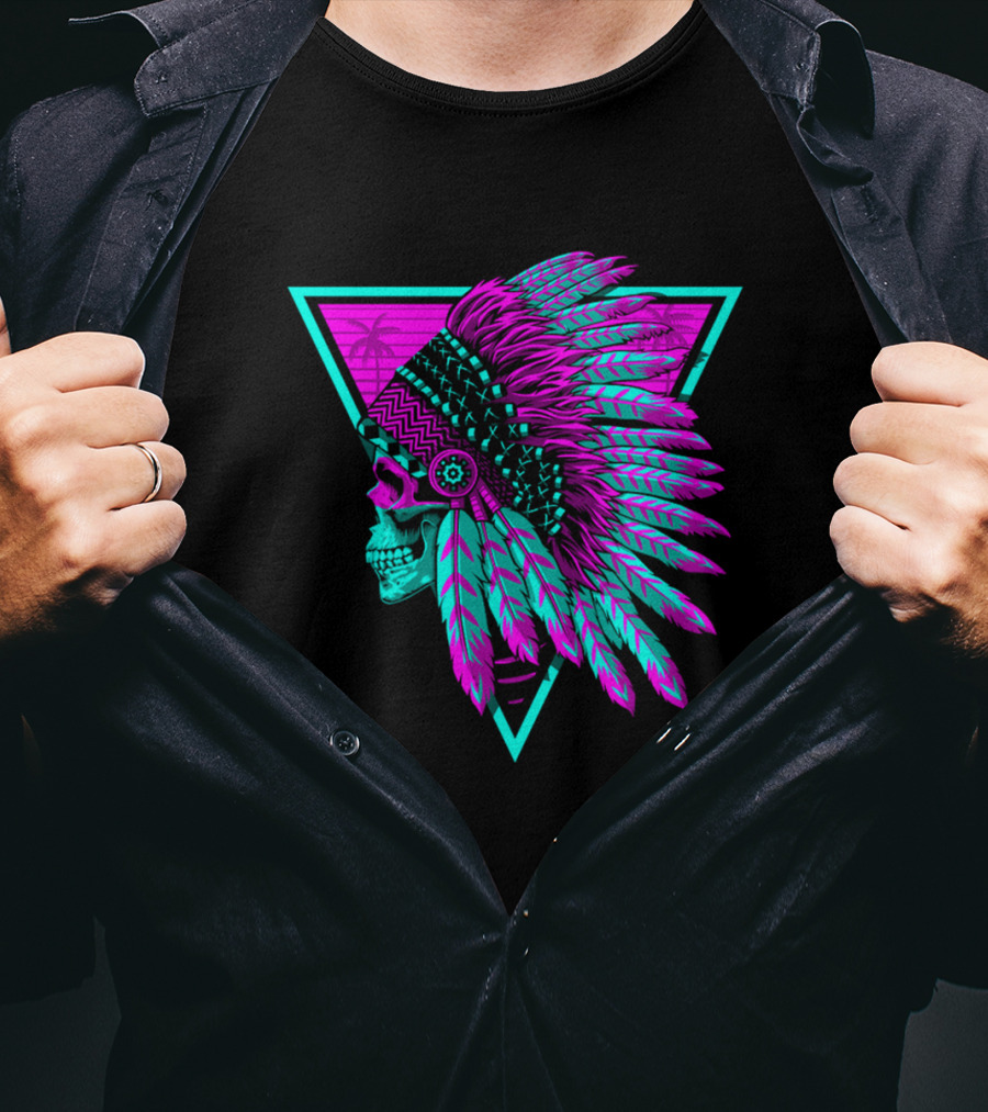 Retro Neon Skull With Headdress In Triangle Frame T-Shirt