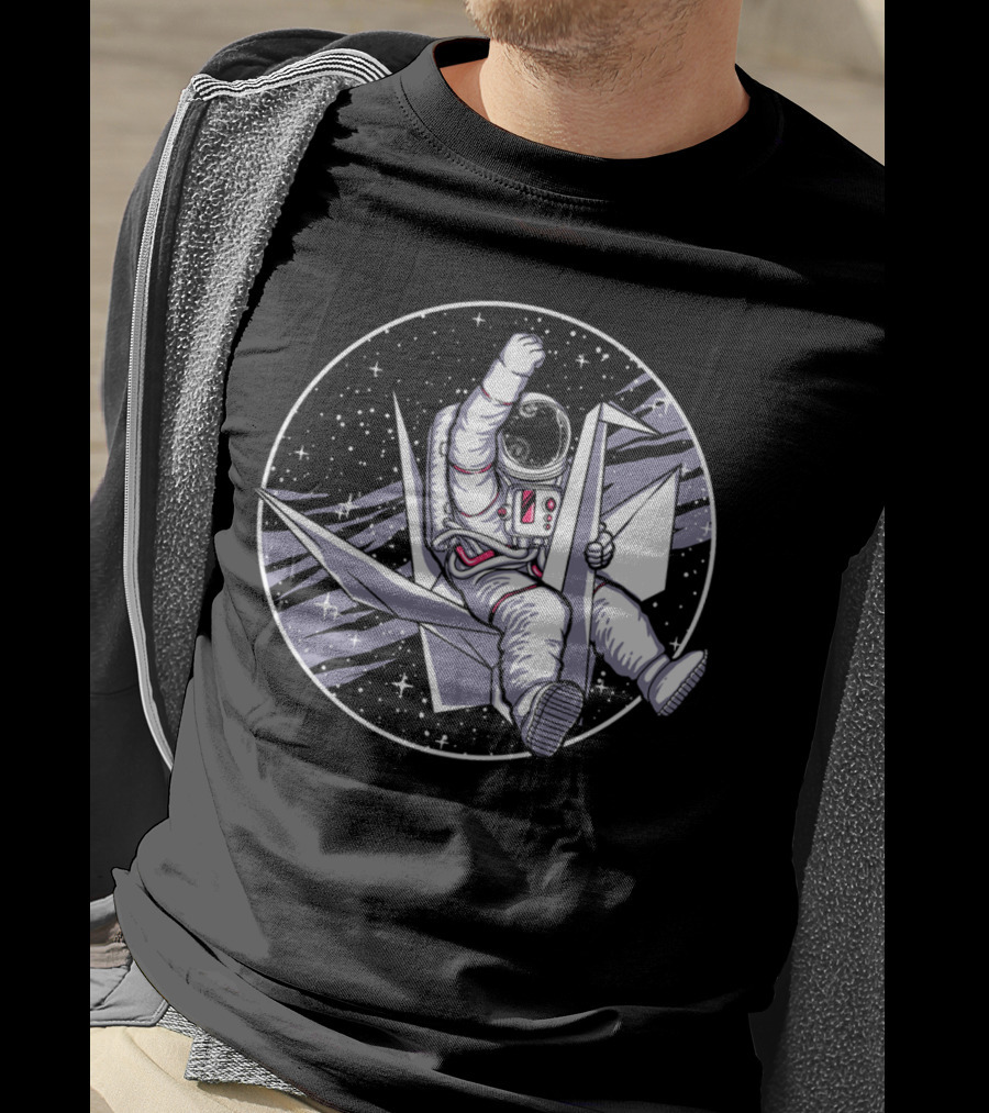 Astronaut Riding Origami Crane In Space Scene T-Shirt