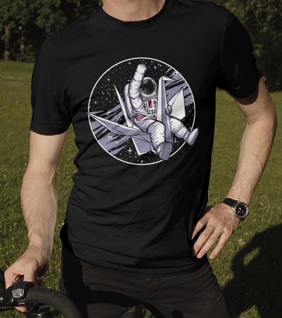 Astronaut Riding Origami Crane In Space Scene T-Shirt