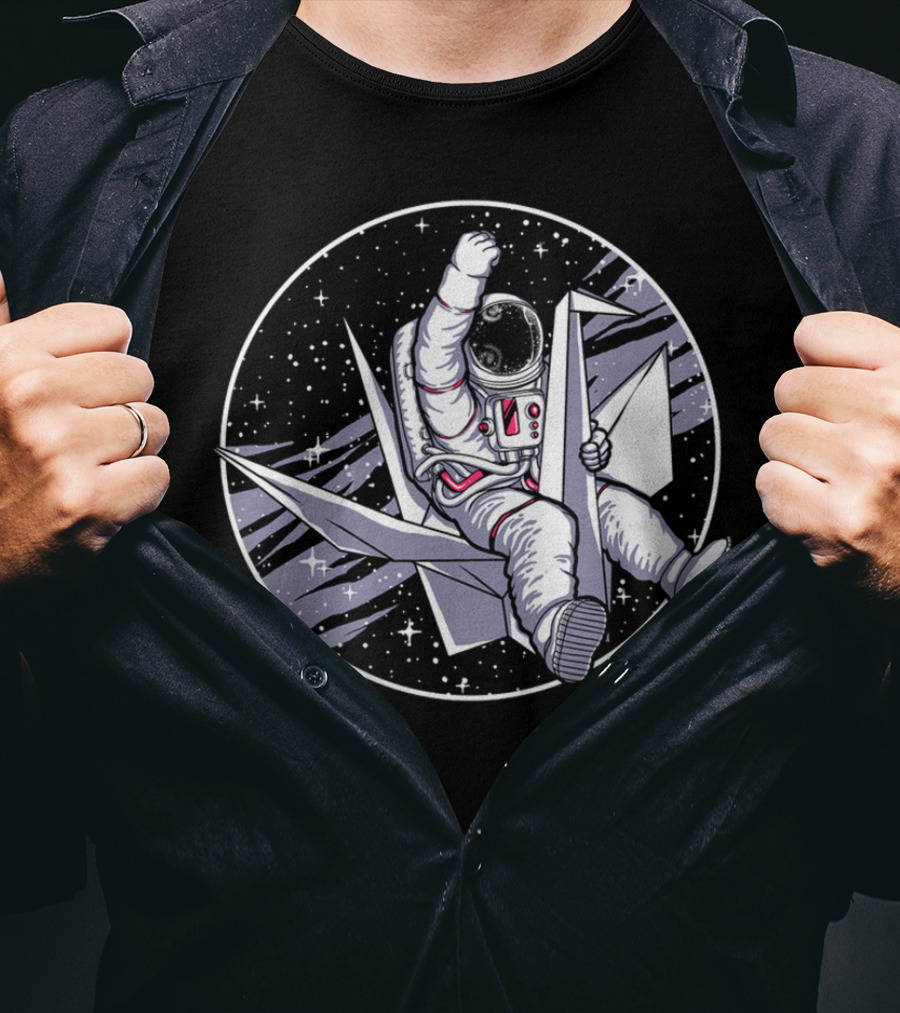 Astronaut Riding Origami Crane In Space Scene T-Shirt