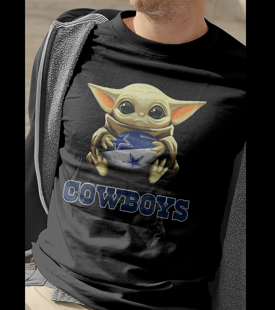 Cowboys Baby Yoda Holding Football Star Wars Crossover T-Shirt
