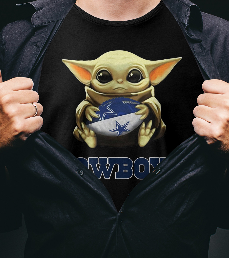 Cowboys Baby Yoda Holding Football Star Wars Crossover T-Shirt