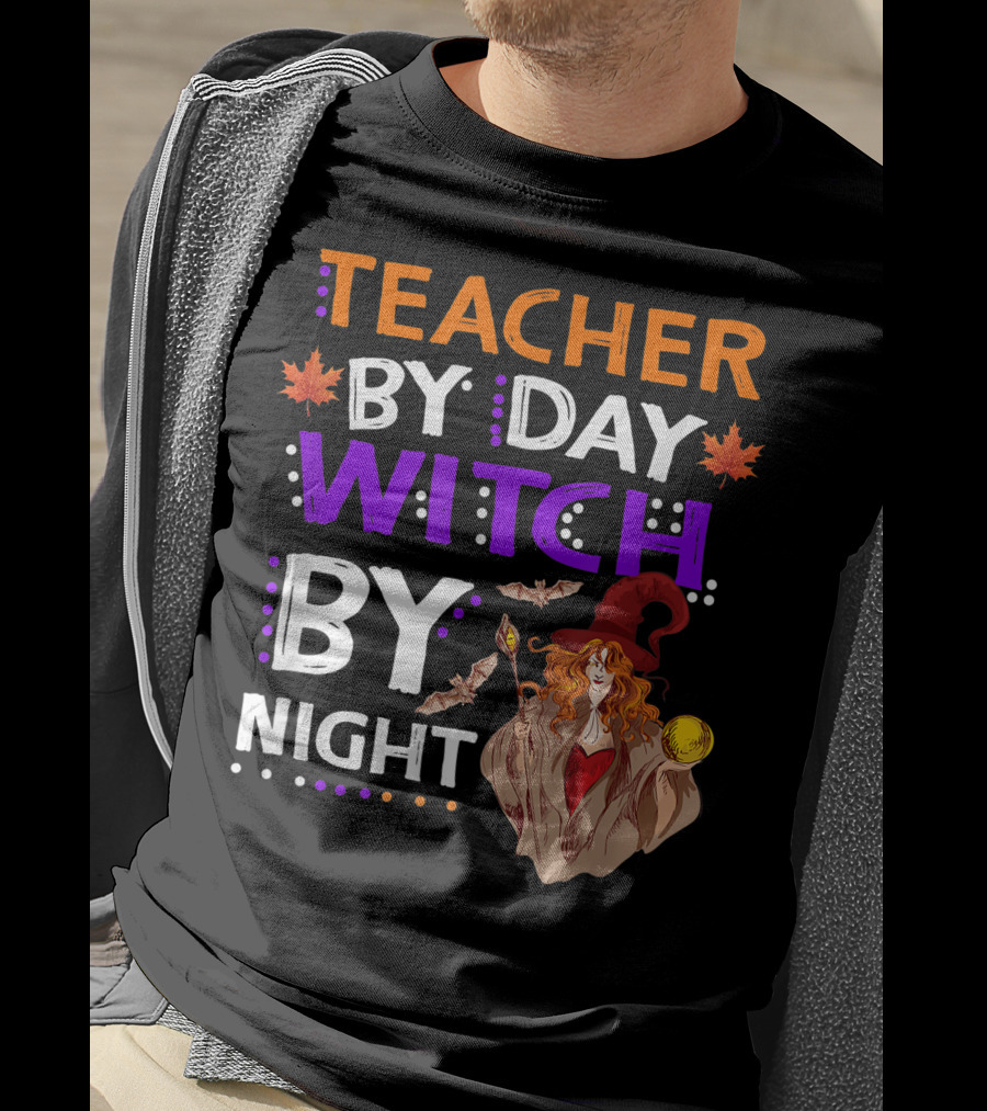 Teacher By Day Witch By Night Halloween Magic Bats Moon T-Shirt