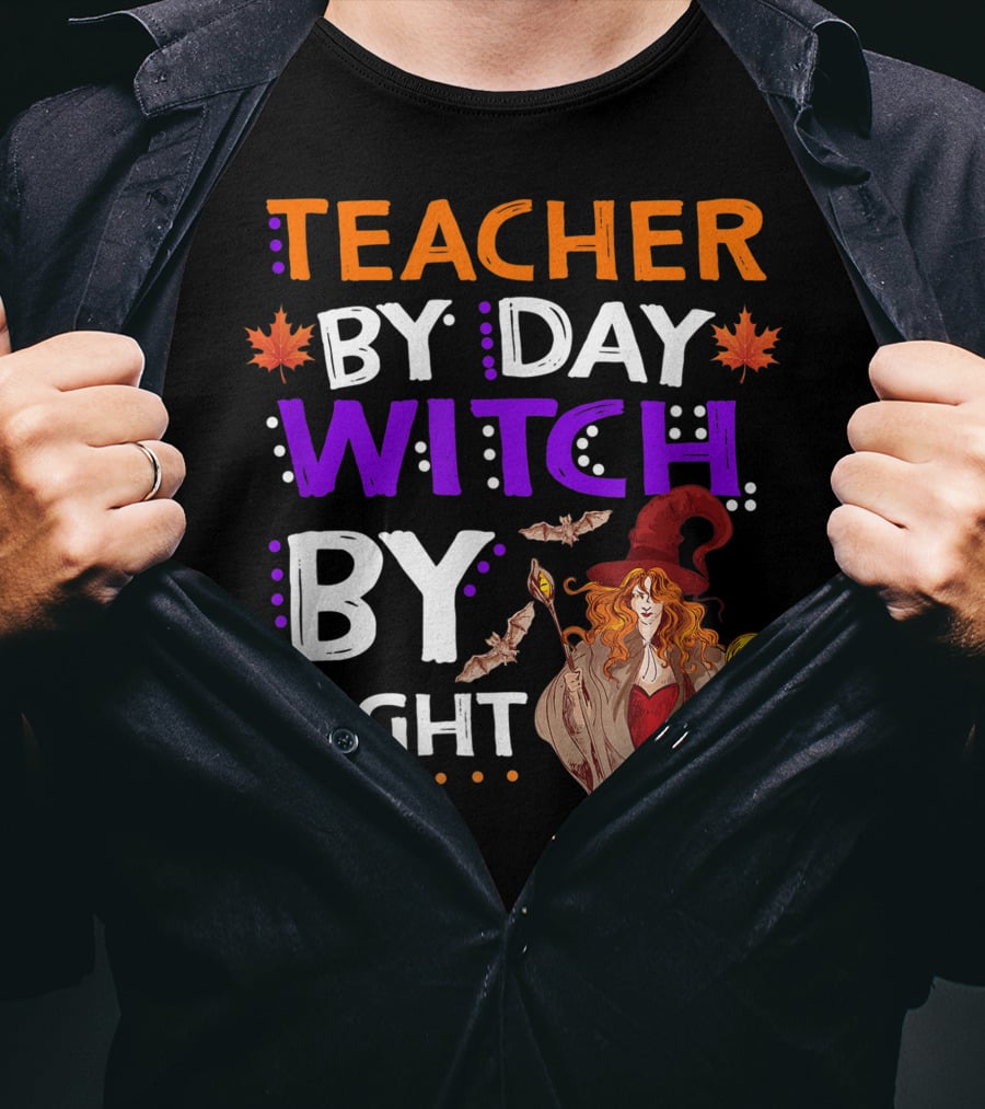 Teacher By Day Witch By Night Halloween Magic Bats Moon T-Shirt