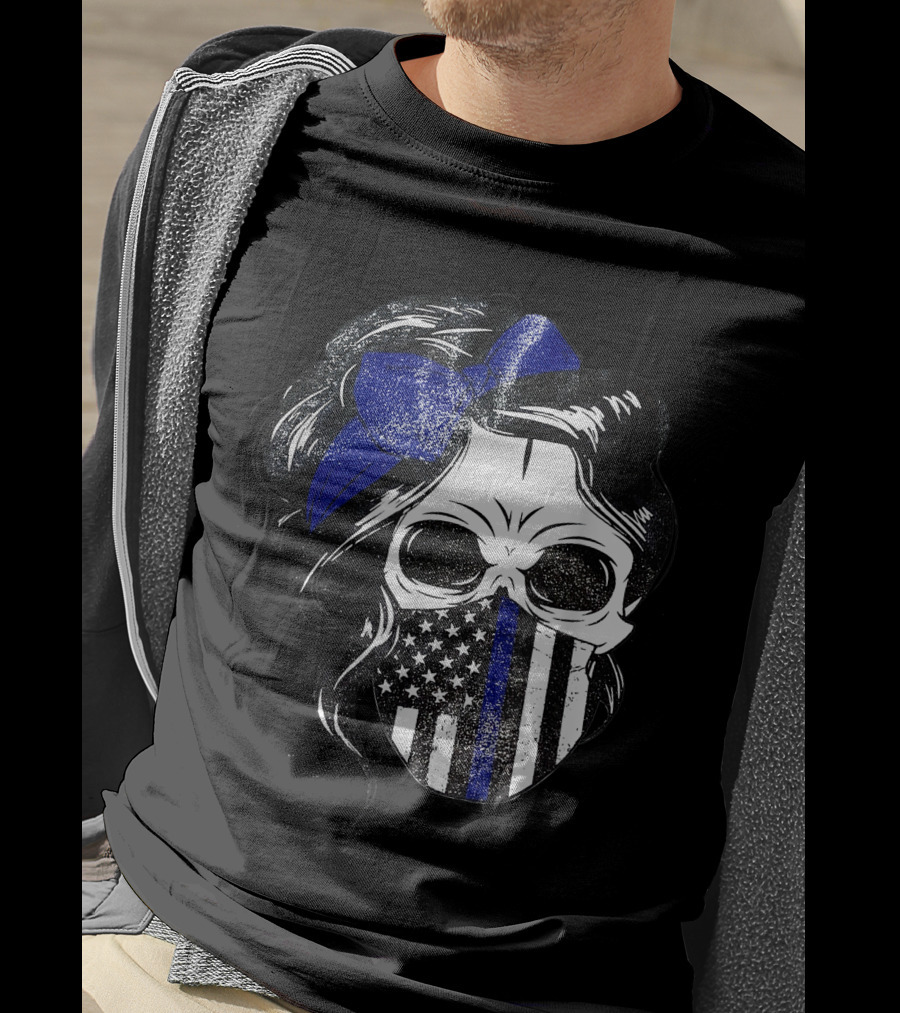 Skull Flag Blue Line Mask With Hair Bow And American T-Shirt