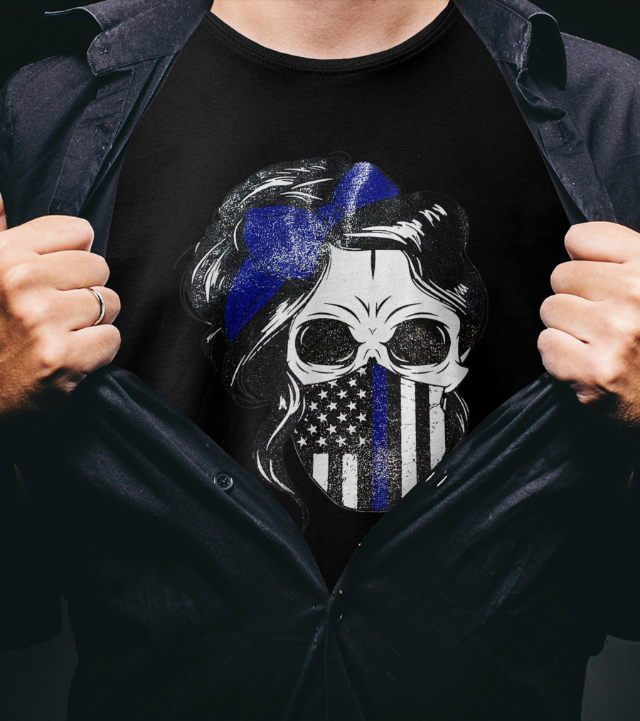 Skull Flag Blue Line Mask With Hair Bow And American T-Shirt