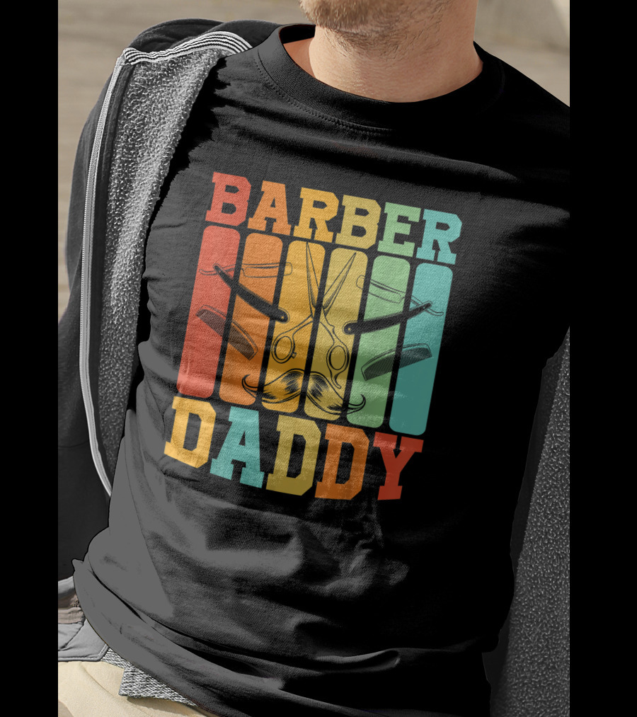 Barber Daddy Scissors And Comb Mustache Style Retro Blocks T-Shirt