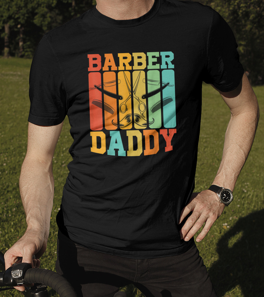 Barber Daddy Scissors And Comb Mustache Style Retro Blocks T-Shirt