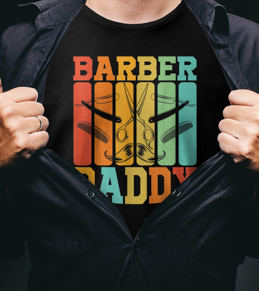 Barber Daddy Scissors And Comb Mustache Style Retro Blocks T-Shirt
