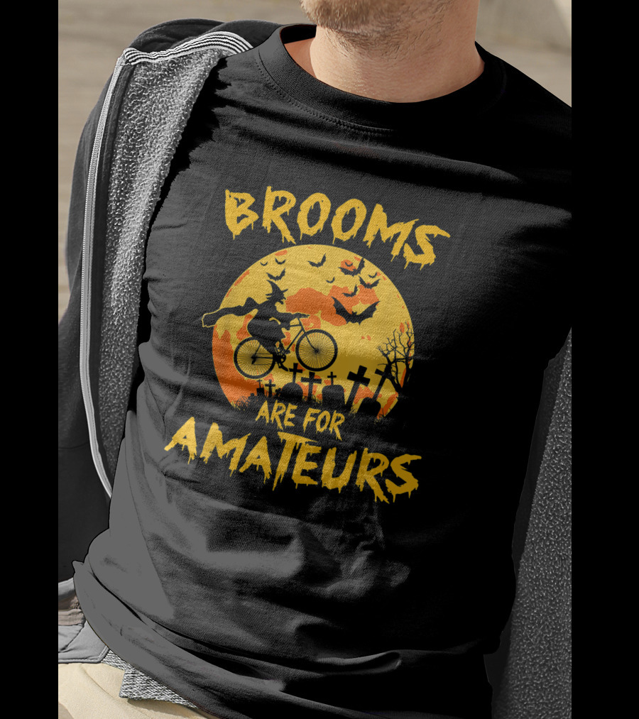 Brooms Are For Amateurs Witch Riding Bicycle Halloween Moon Graveyard Bats T-Shirt