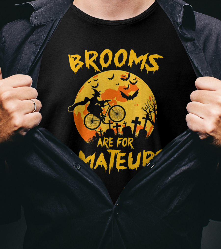 Brooms Are For Amateurs Witch Riding Bicycle Halloween Moon Graveyard Bats T-Shirt