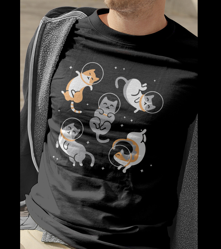 CATS IN SPACE Floating Cartoon Kittens In Astronaut Helmets Amid Stars T-Shirt