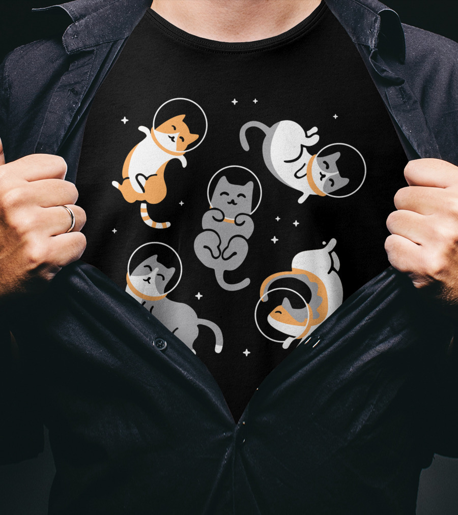 CATS IN SPACE Floating Cartoon Kittens In Astronaut Helmets Amid Stars T-Shirt