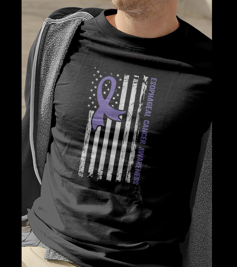 Esophageal Cancer Awareness American Flag Purple Ribbon T-Shirt