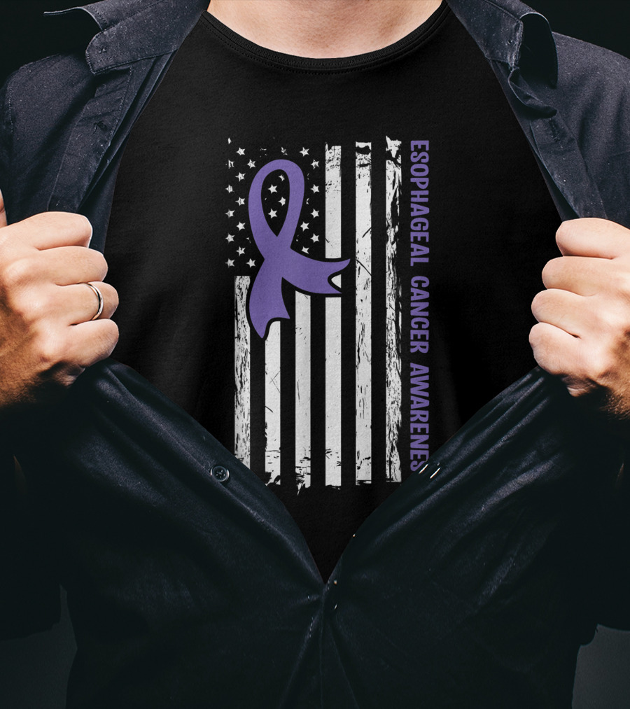 Esophageal Cancer Awareness American Flag Purple Ribbon T-Shirt