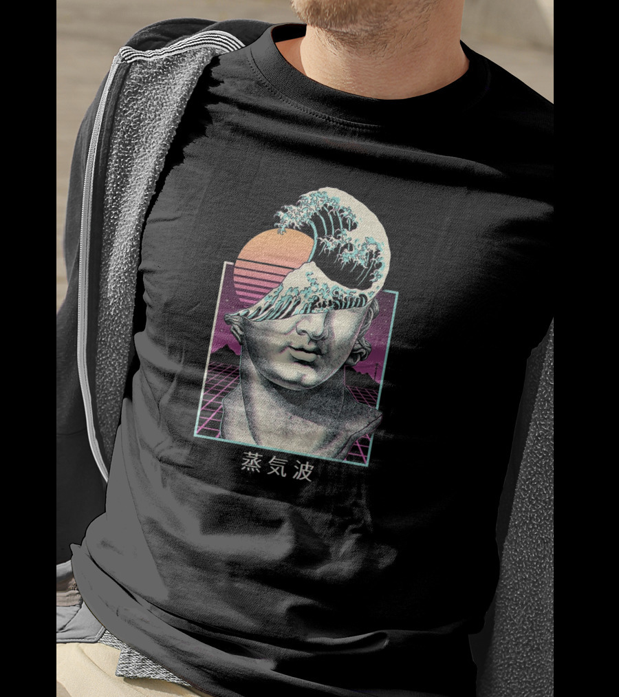 Great Vaporwave Retro Sunset Wave Head Japanese Kanji T-Shirt
