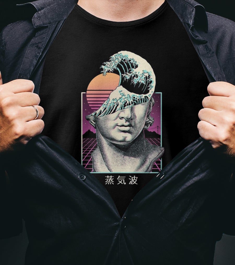 Great Vaporwave Retro Sunset Wave Head Japanese Kanji T-Shirt