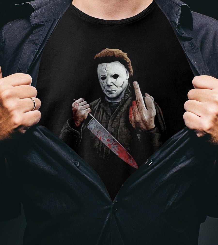 Halloween Michael Myers Holding Bloody Knife And Middle Finger Gesture T-Shirt