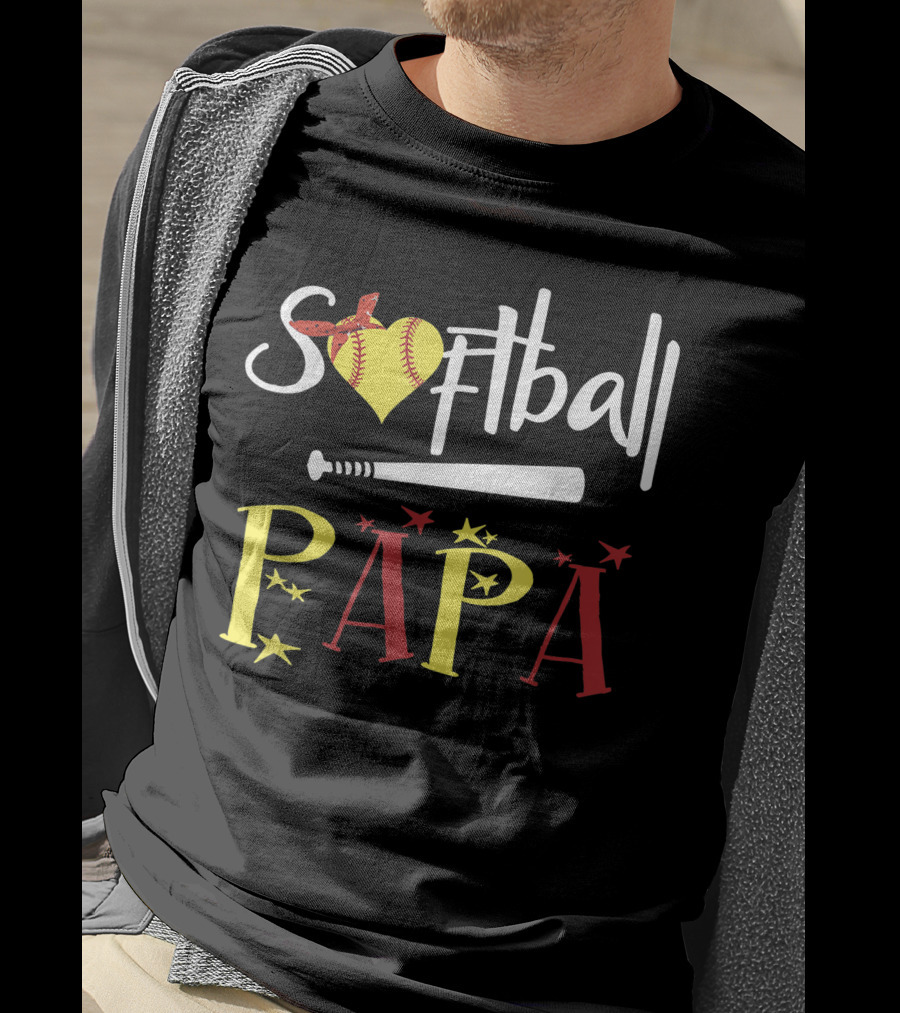 Softball Papa Heart Bat Stars T-Shirt