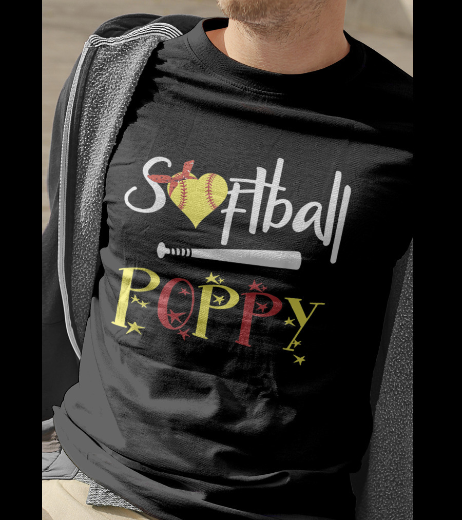 Softball Heart Bat Poppy Stars T-Shirt