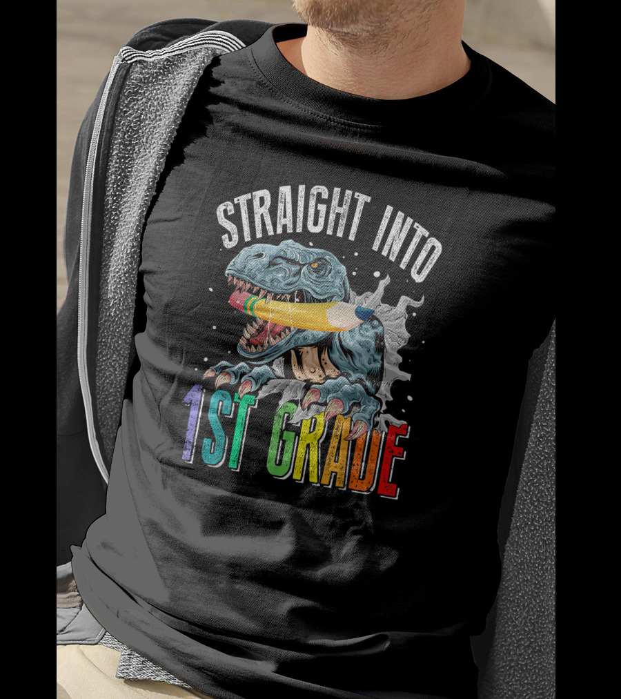Straight Into 1st Grade Dinosaur Pencil Graphic Back To School T-Shirt