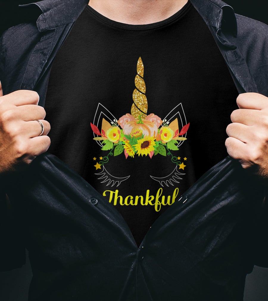 Thankful Thanksgiving Cute Unicorn Pumpkin Floral Sunflower T-Shirt