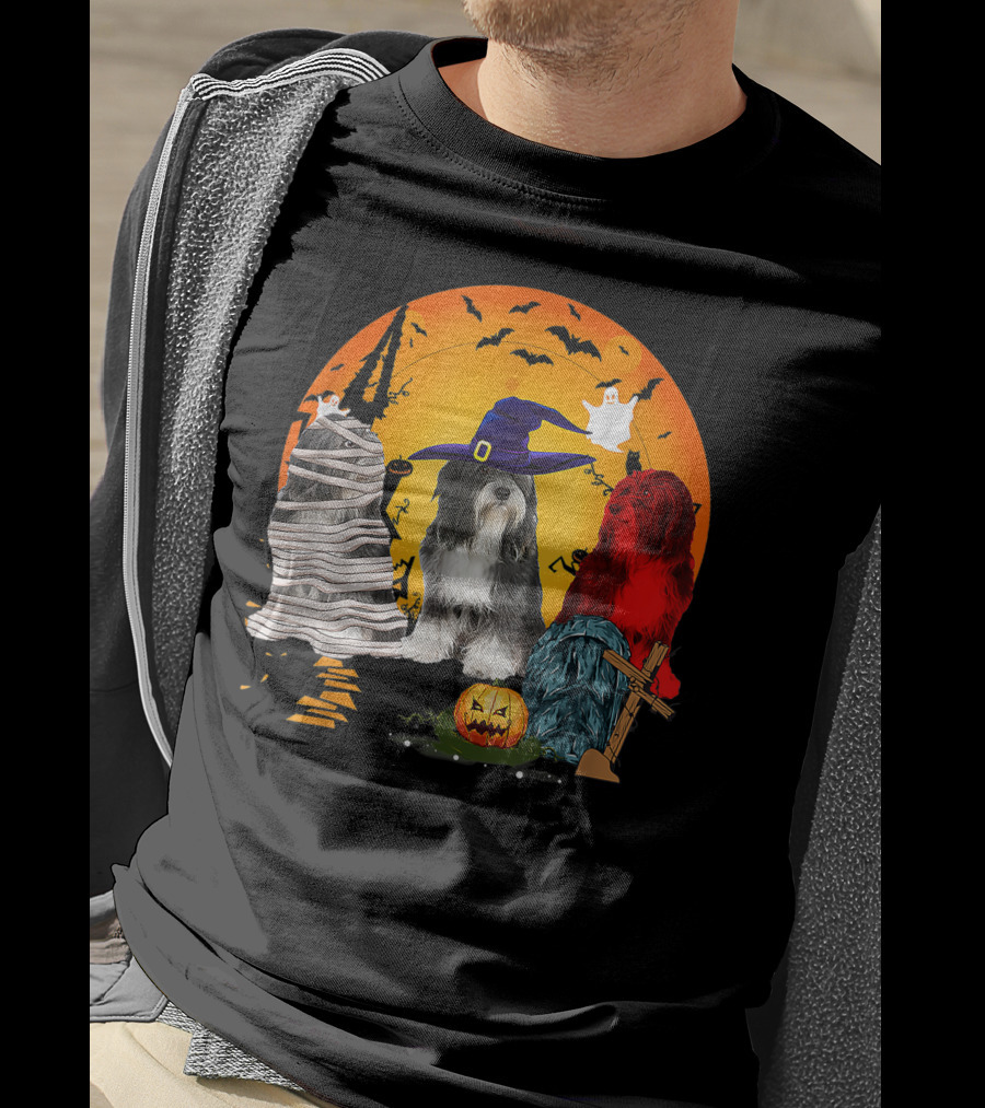 Tibetan Terrier Dog Family Of Three Halloween Spooky Scene With Witch Hat And Pumpkin T-Shirt