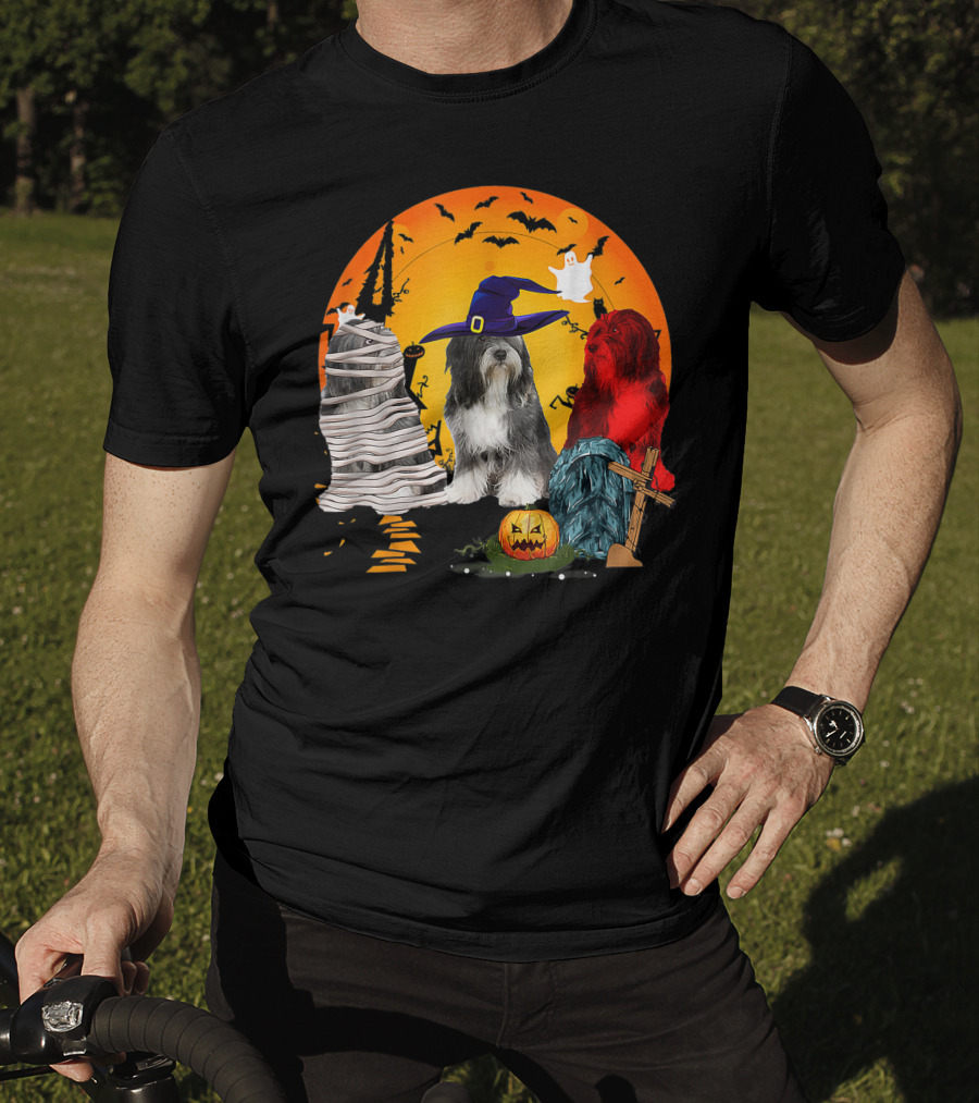 Tibetan Terrier Dog Family Of Three Halloween Spooky Scene With Witch Hat And Pumpkin T-Shirt