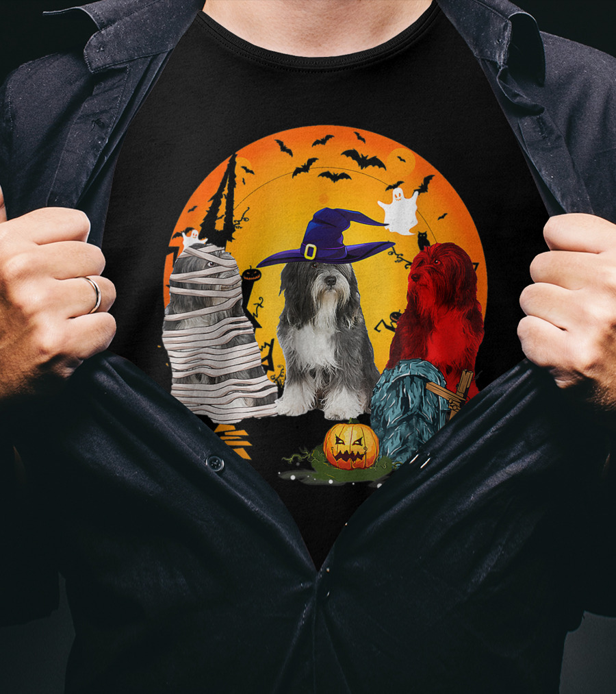 Tibetan Terrier Dog Family Of Three Halloween Spooky Scene With Witch Hat And Pumpkin T-Shirt