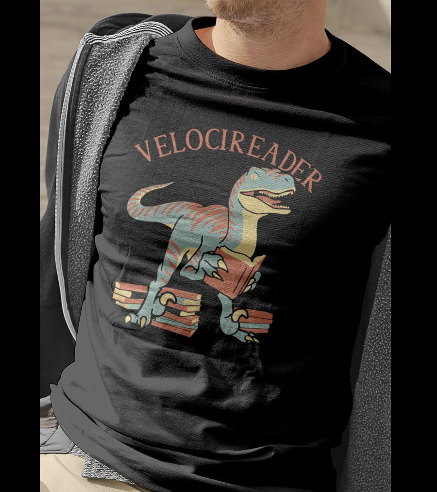 VELOCIREADER Dinosaur Reading Book With Stacked Books T-Shirt