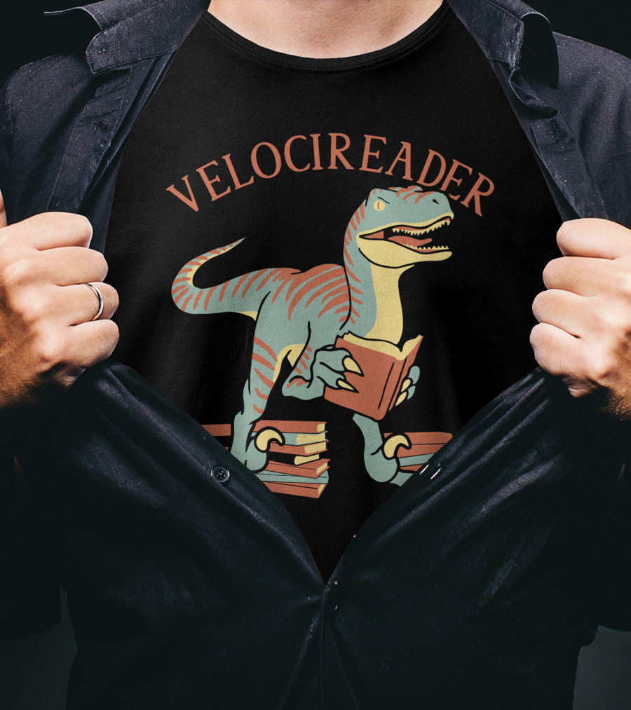VELOCIREADER Dinosaur Reading Book With Stacked Books T-Shirt