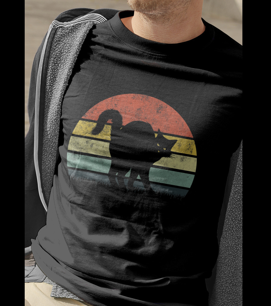 Vintage Retro Scary Black Cat Silhouette Sunset T-Shirt