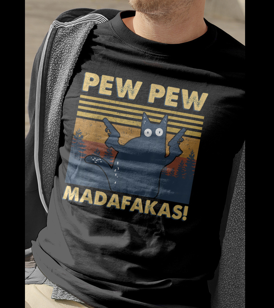 Pew Pew Madafakas Cat Retro Gun-Wielding Forest T-Shirt