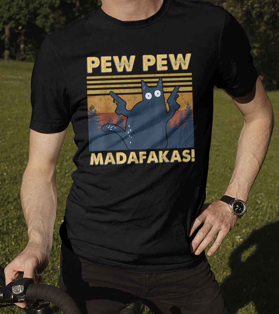 Pew Pew Madafakas Cat Retro Gun-Wielding Forest T-Shirt