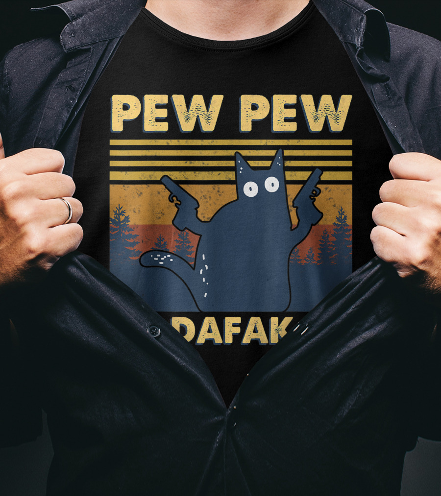 Pew Pew Madafakas Cat Retro Gun-Wielding Forest T-Shirt