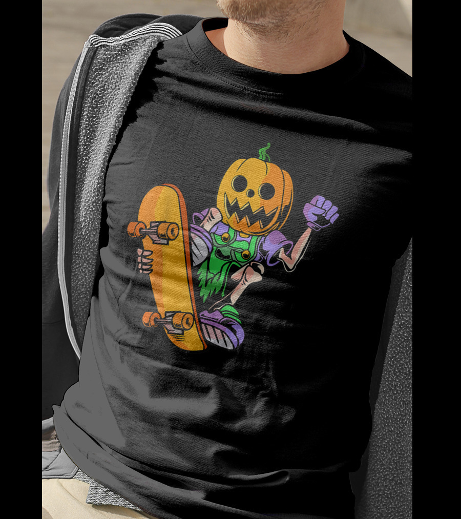 Pumpkin Head Trick Skateboarding With Halloween T-Shirt