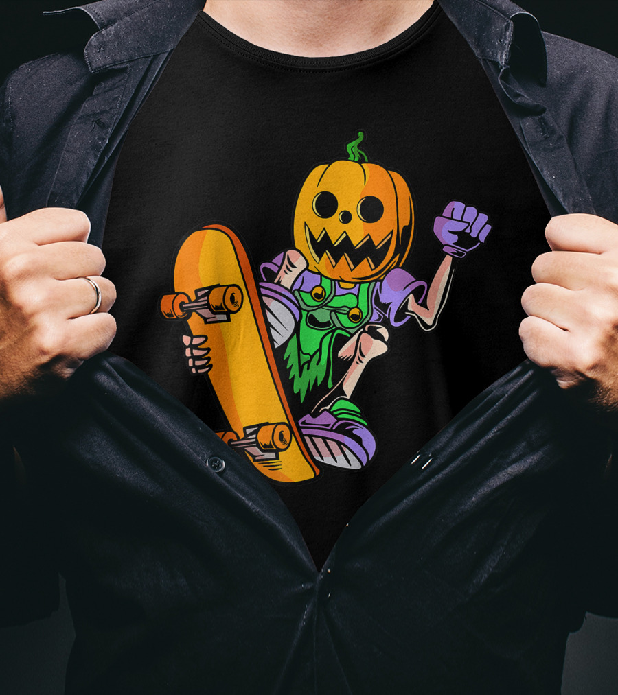 Pumpkin Head Trick Skateboarding With Halloween T-Shirt