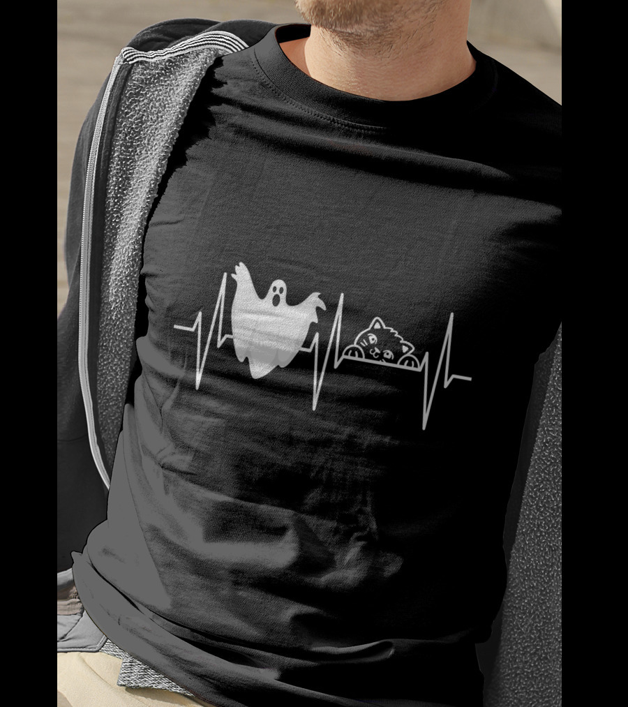 Cats Paranormal Ghost Hunting With Heartbeat Line And Ghostly Cat T-Shirt