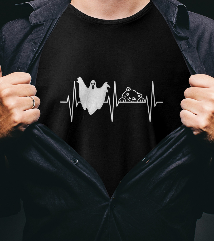 Cats Paranormal Ghost Hunting With Heartbeat Line And Ghostly Cat T-Shirt