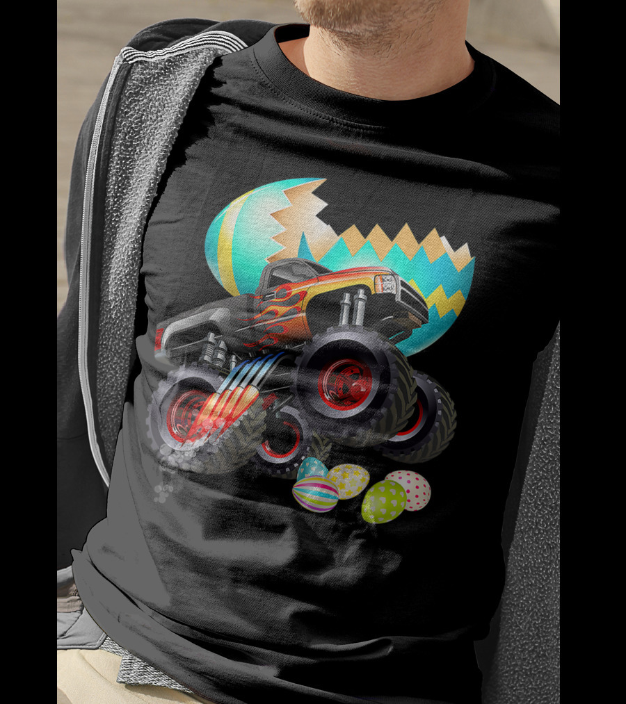 Monster Truck Cracking Colorful Easter Eggs Explosion T-Shirt