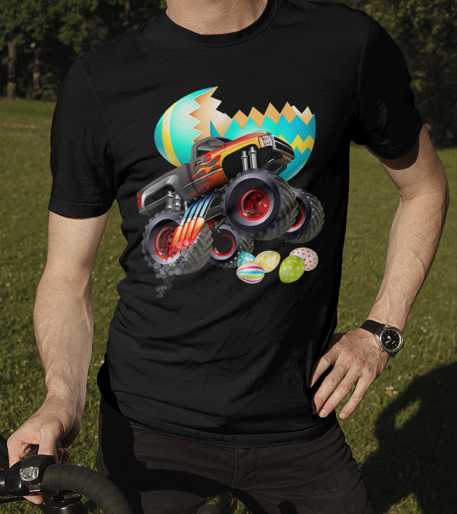 Monster Truck Cracking Colorful Easter Eggs Explosion T-Shirt