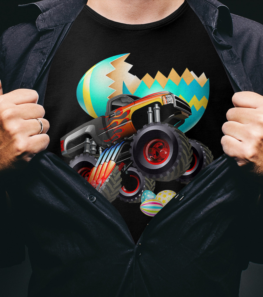 Monster Truck Cracking Colorful Easter Eggs Explosion T-Shirt