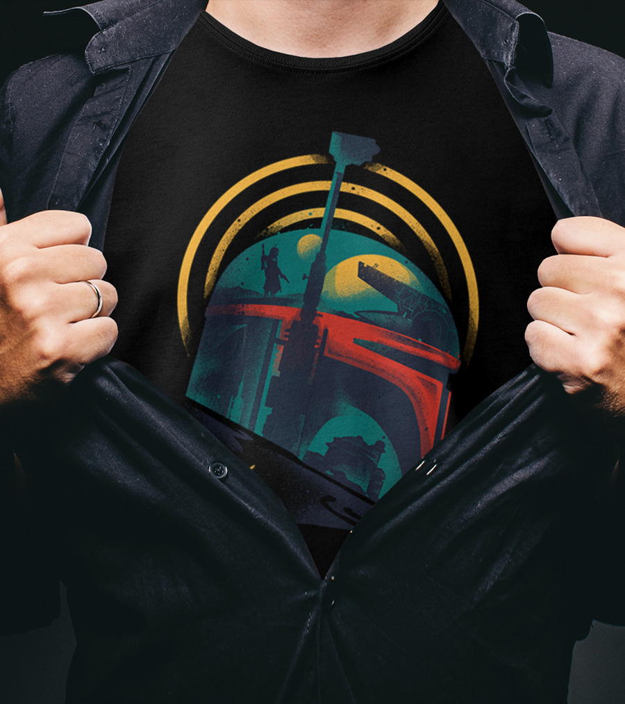Ruler Of Mandalore Bounty Hunter Helmet With Galactic Symbols And Rising Moons T-Shirt