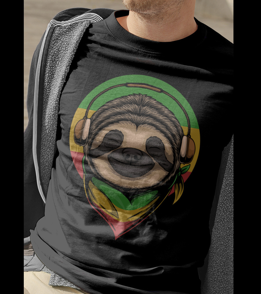 Sloth Rasta Headphones Rasta Colors T-Shirt