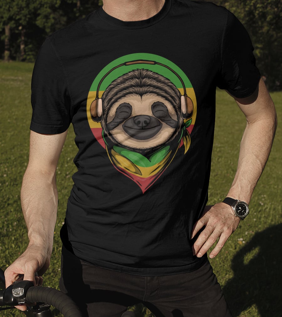 Sloth Rasta Headphones Rasta Colors T-Shirt