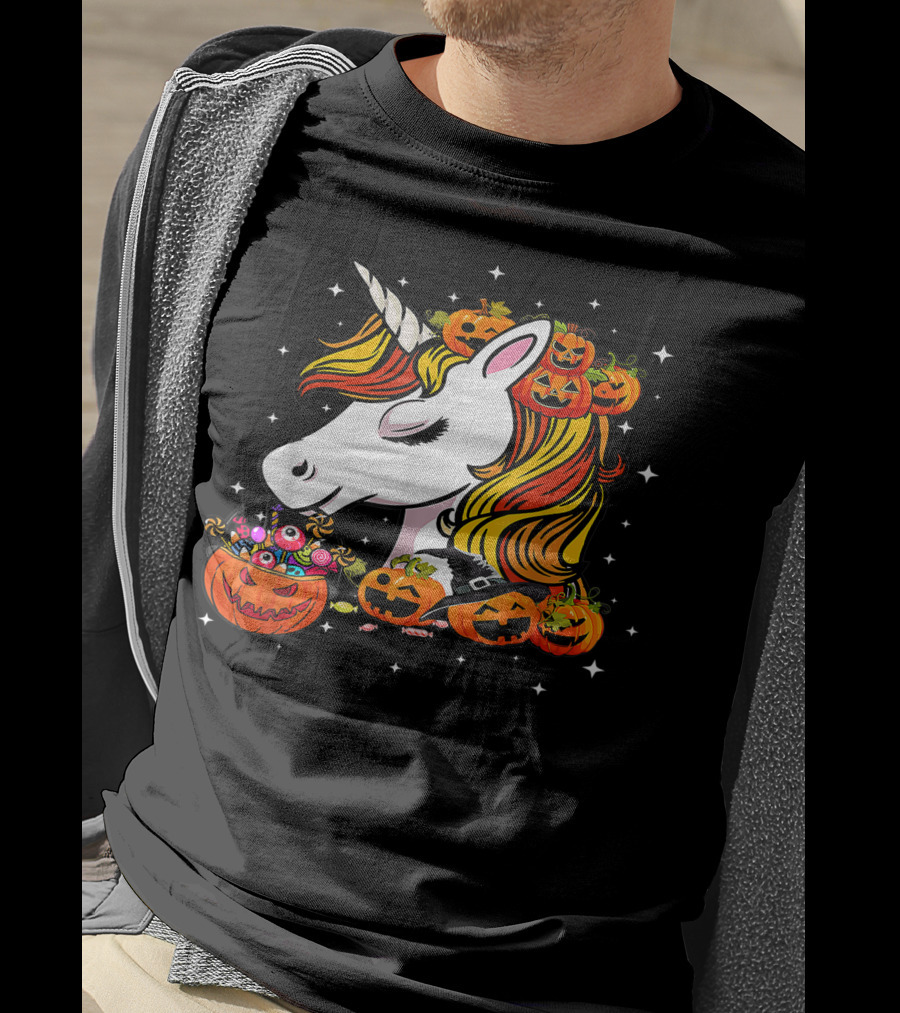 Candy Corn Unicorn Surrounded By Jack-O-Lanterns And Candy-Eyed Treats Halloween T-Shirt