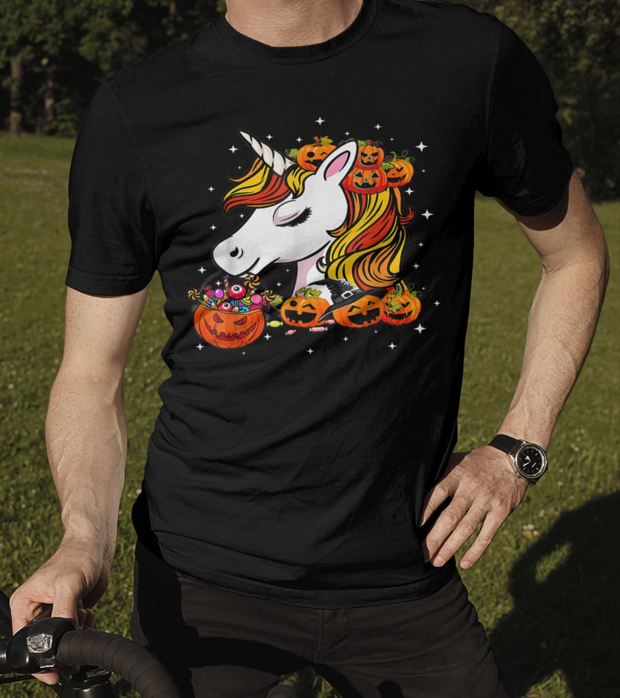 Candy Corn Unicorn Surrounded By Jack-O-Lanterns And Candy-Eyed Treats Halloween T-Shirt