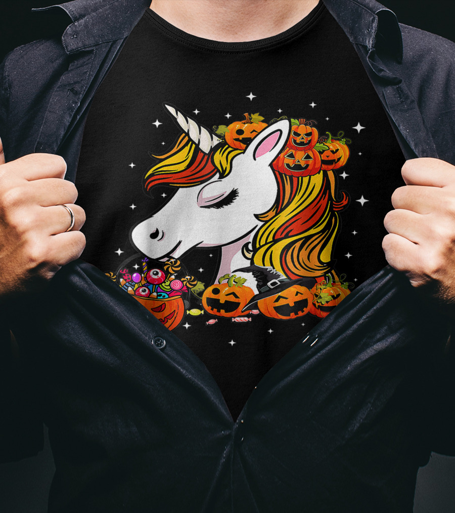 Candy Corn Unicorn Surrounded By Jack-O-Lanterns And Candy-Eyed Treats Halloween T-Shirt