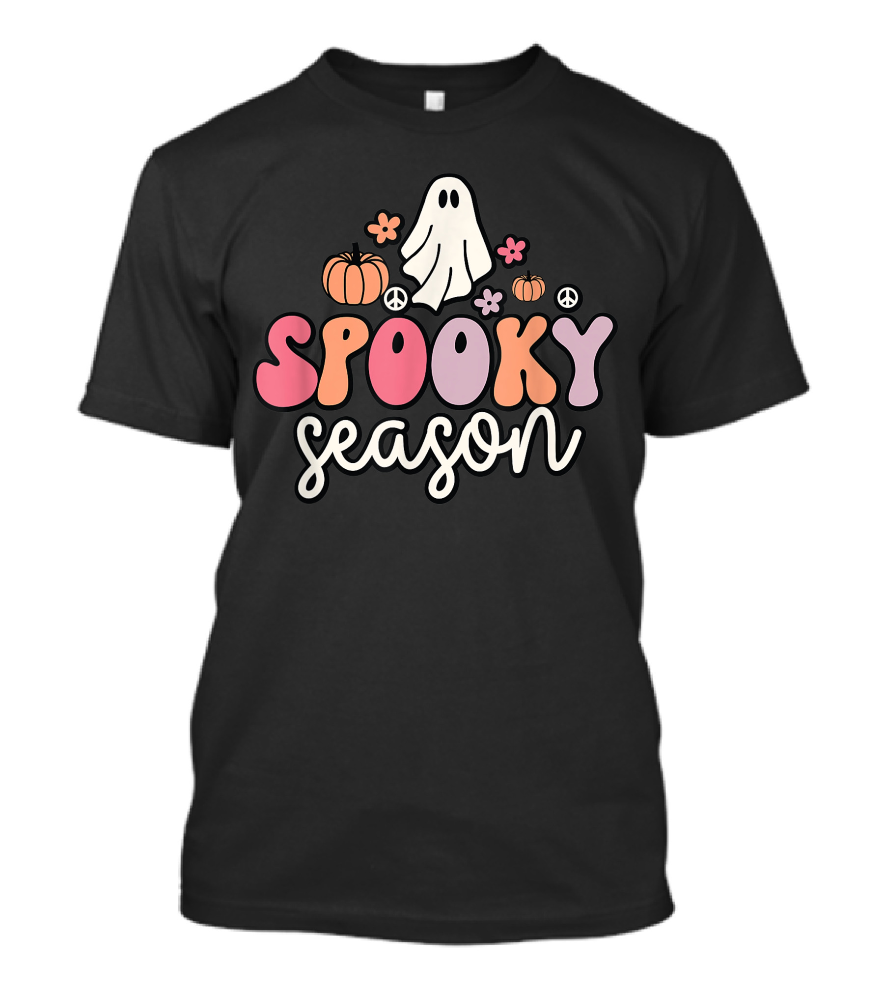 Groovy Ghost Spooky Season With Pumpkins Peace Flowers T-Shirt