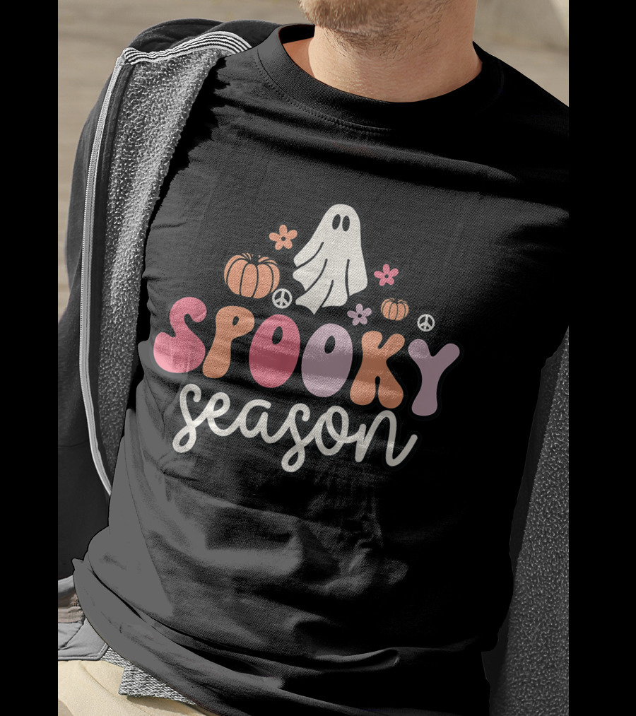 Groovy Ghost Spooky Season With Pumpkins Peace Flowers T-Shirt